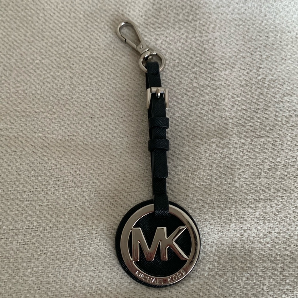Michael Kors Bag Charm Black Leather Strap Silver Tone